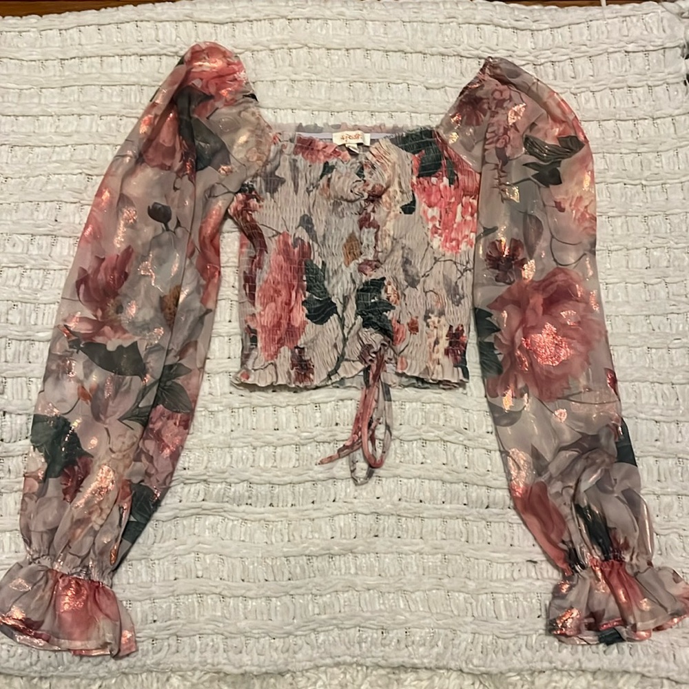 A. Peach Chiffon Smocked Floral Crop Top
